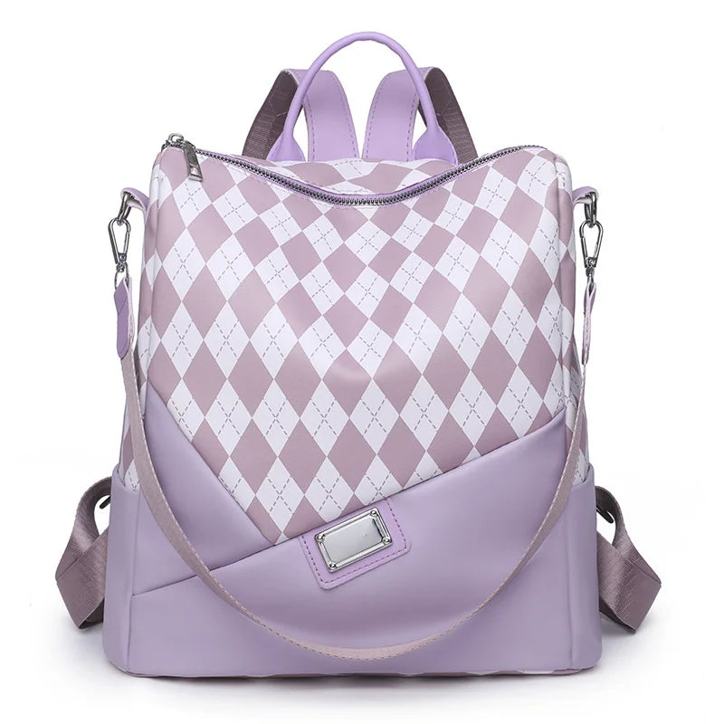 Leather Women Backpack Anti-theft PU Ladies School Bag Plaid Bookbag