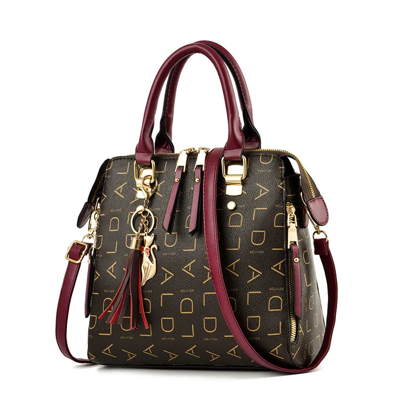 Women Crossbody Bag Letter Print Tassel Totes PU Leather Shoulder Bag