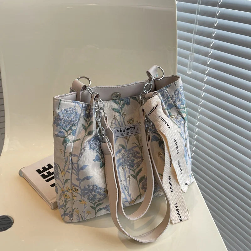Embroidered Canvas Crossbody Bag Women Large Tote Shoulder Bag