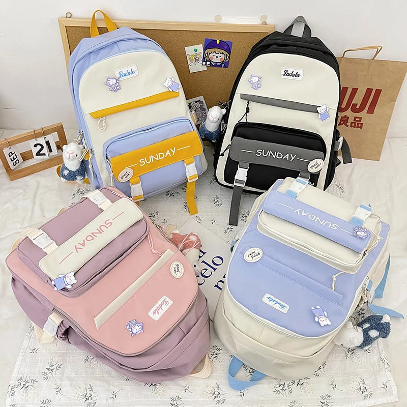 Panelled Women Backpack Nylon College Students Shoulder Bag Preppy Female