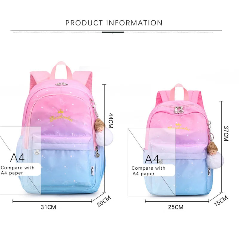 Embroidered Primary Student Girls Pink Gradient Backpack