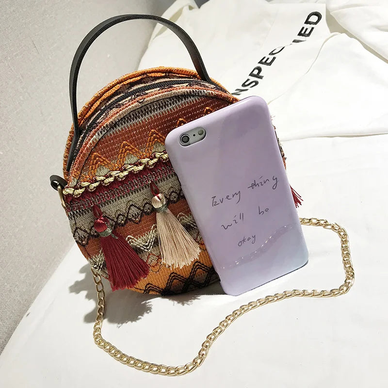 Ethnic Style Shoulder Bag Women Woven Fabric Chinese Style Circular Chain Tassel