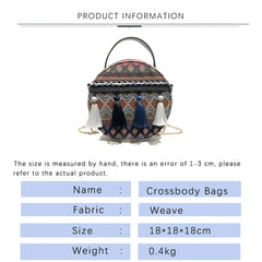 Ethnic Style Shoulder Bag Women Woven Fabric Chinese Style Circular Chain Tassel