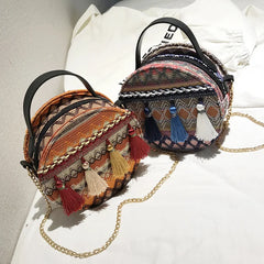 Ethnic Style Shoulder Bag Women Woven Fabric Chinese Style Circular Chain Tassel