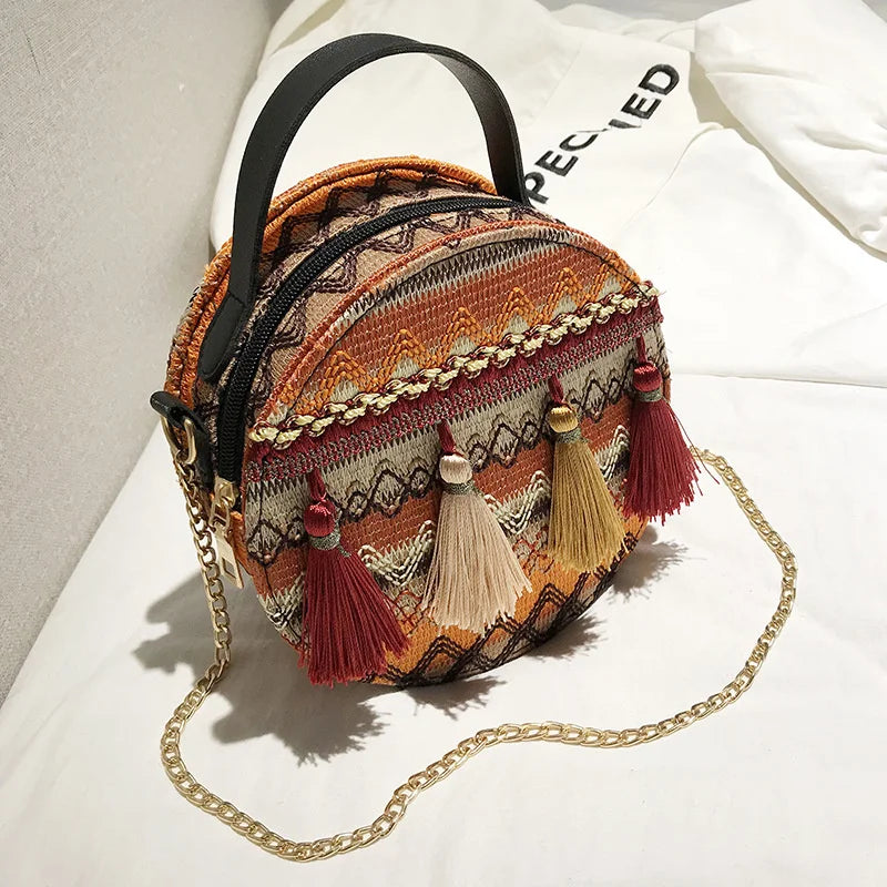 Ethnic Style Shoulder Bag Women Woven Fabric Chinese Style Circular Chain Tassel