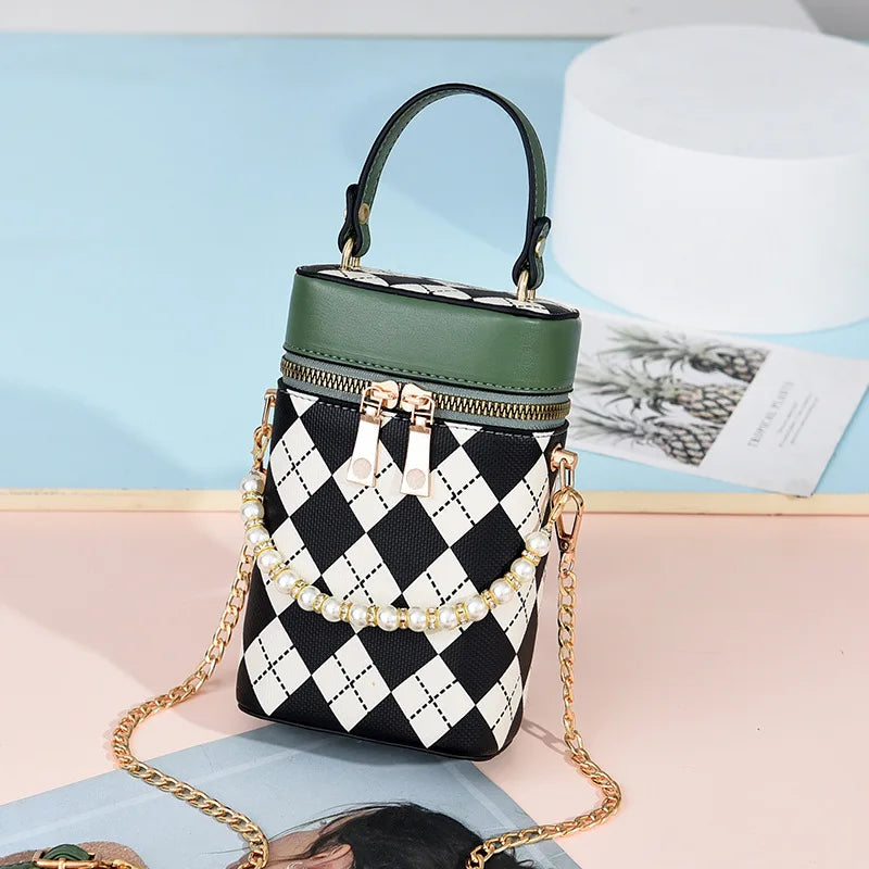 PU Leather Barrel Shoulder Bag Casual Check Zipper Crossbody Hand Bags