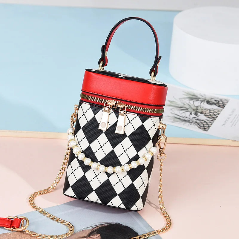 PU Leather Barrel Shoulder Bag Casual Check Zipper Crossbody Hand Bags