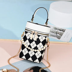 PU Leather Barrel Shoulder Bag Casual Check Zipper Crossbody Hand Bags