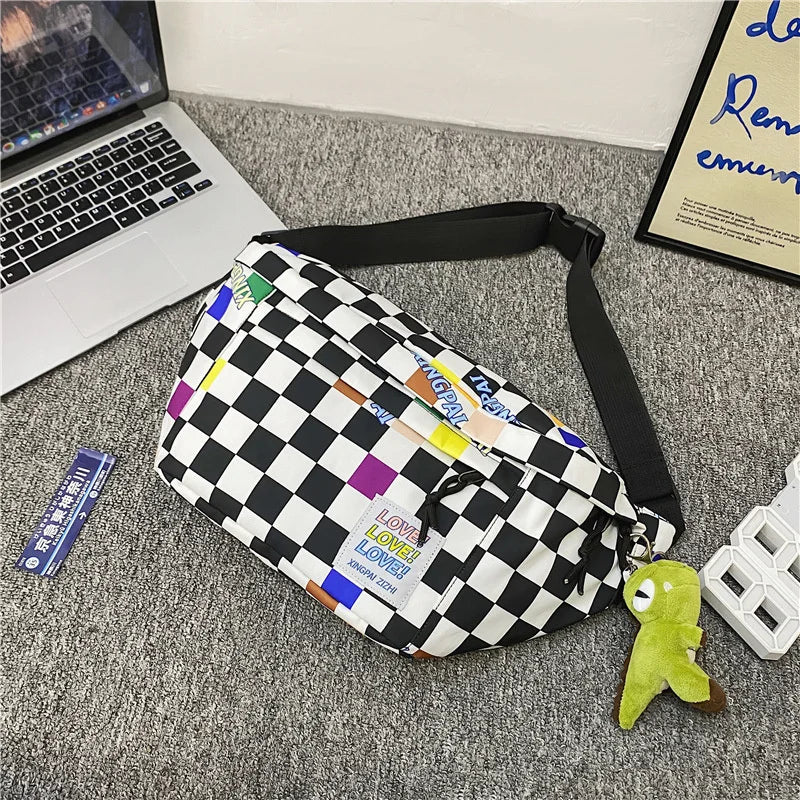 Plaid Women Backpacks Unisex Nylon Sports Ladies Messengerbags Men Chest Bags