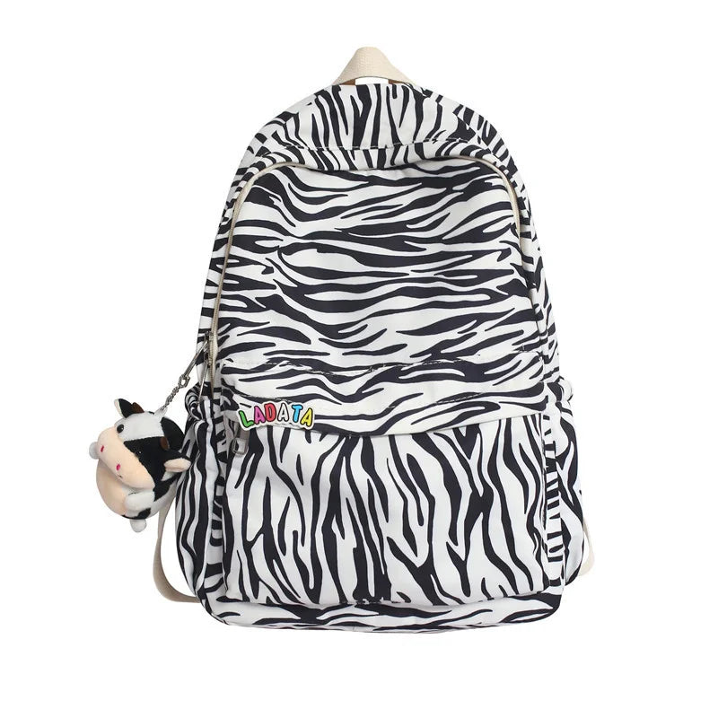 Striped Women Backpack Campus Students Schoolbag Female Cartoon Cow Print Daypac