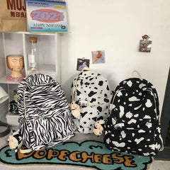 Striped Women Backpack Campus Students Schoolbag Female Cartoon Cow Print Daypac