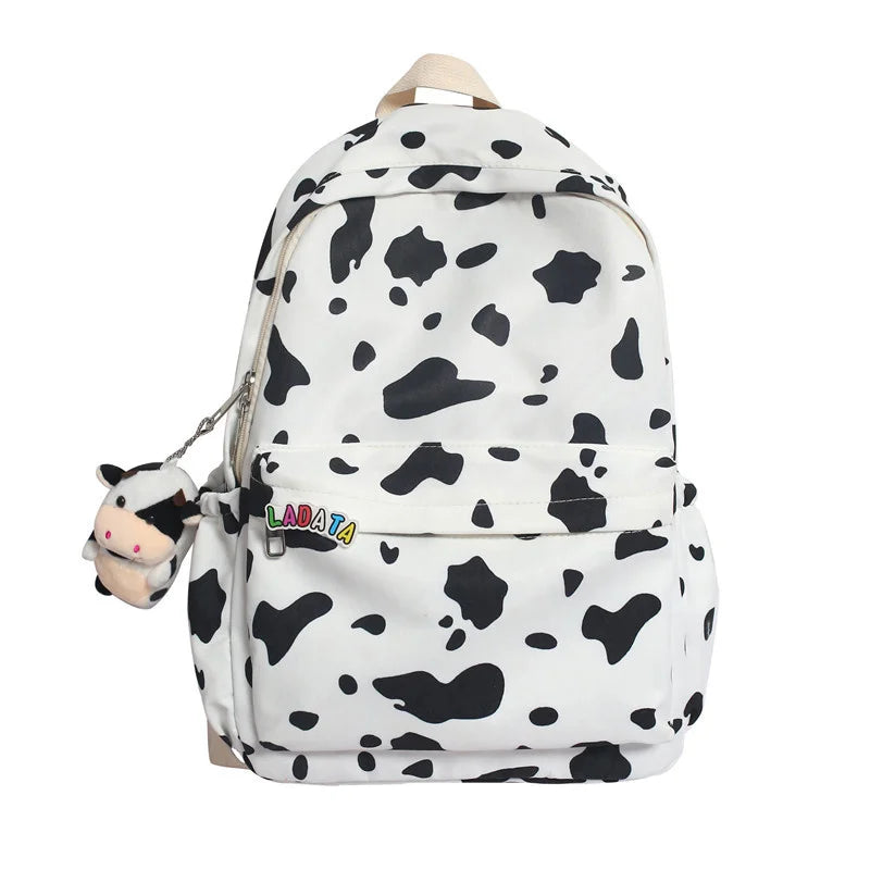 Striped Women Backpack Campus Students Schoolbag Female Cartoon Cow Print Daypac