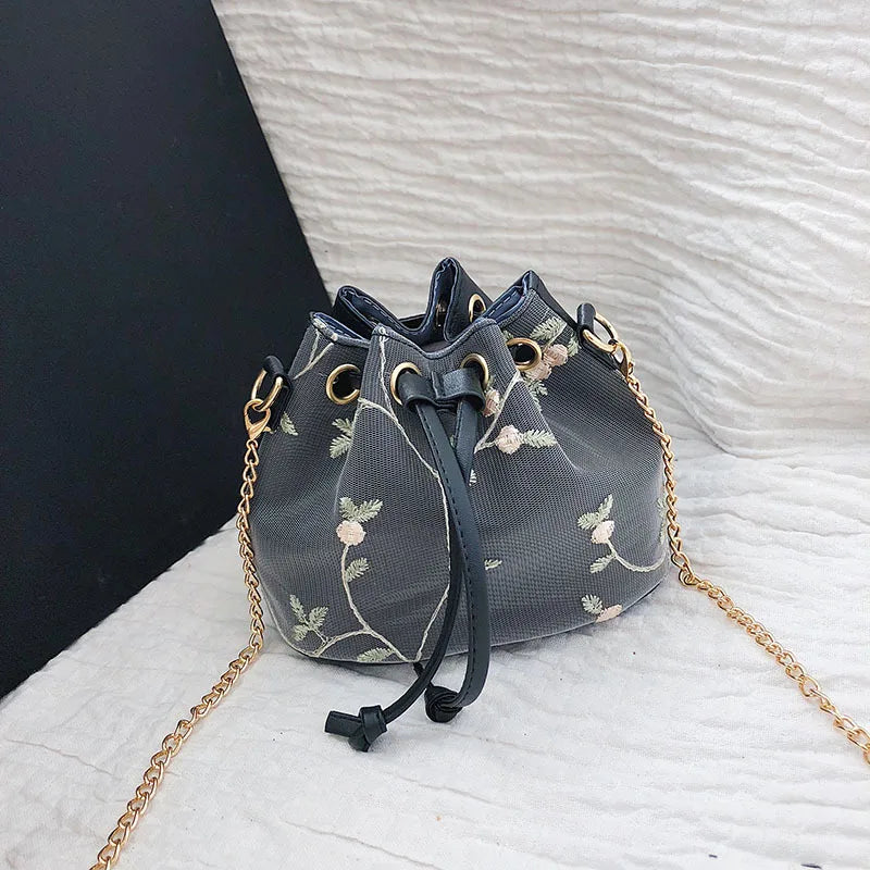 Flower Embroidery Leather PU Bucket Bag Crossbody Chain Shoulder Bag