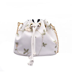 Flower Embroidery Leather PU Bucket Bag Crossbody Chain Shoulder Bag