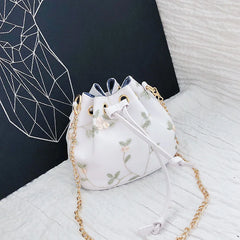 Flower Embroidery Leather PU Bucket Bag Crossbody Chain Shoulder Bag
