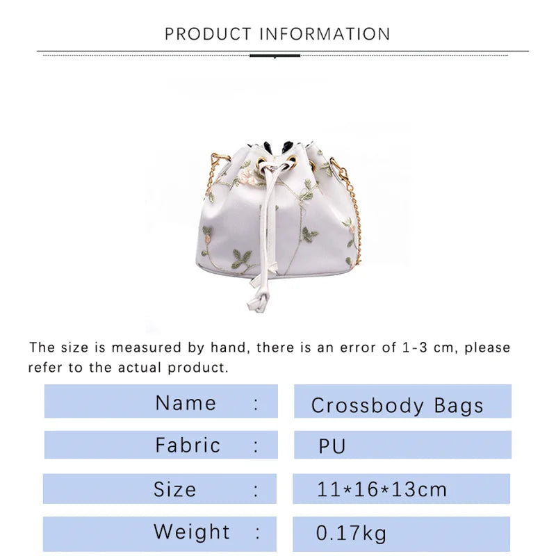 Flower Embroidery Leather PU Bucket Bag Crossbody Chain Shoulder Bag