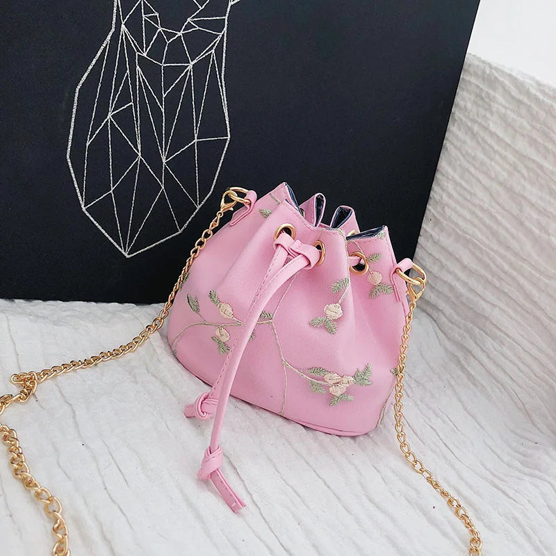 Flower Embroidery Leather PU Bucket Bag Crossbody Chain Shoulder Bag