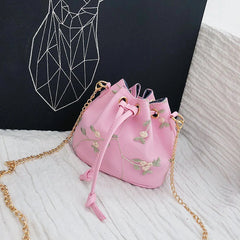 Flower Embroidery Leather PU Bucket Bag Crossbody Chain Shoulder Bag