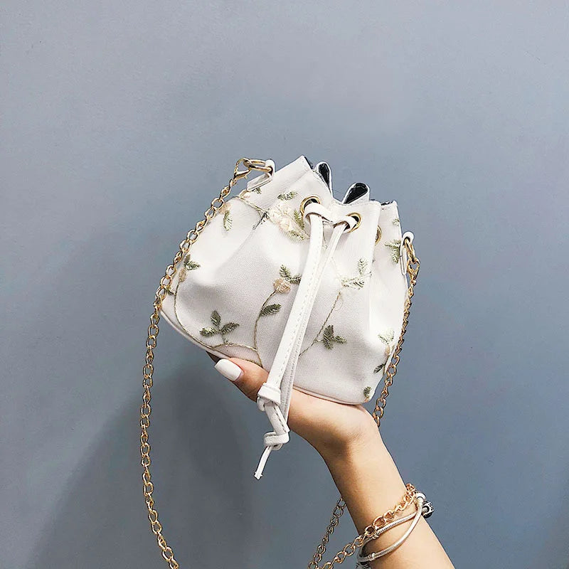 Flower Embroidery Leather PU Bucket Bag Crossbody Chain Shoulder Bag