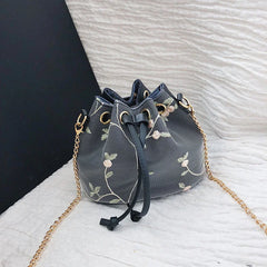 Flower Embroidery Leather PU Bucket Bag Crossbody Chain Shoulder Bag