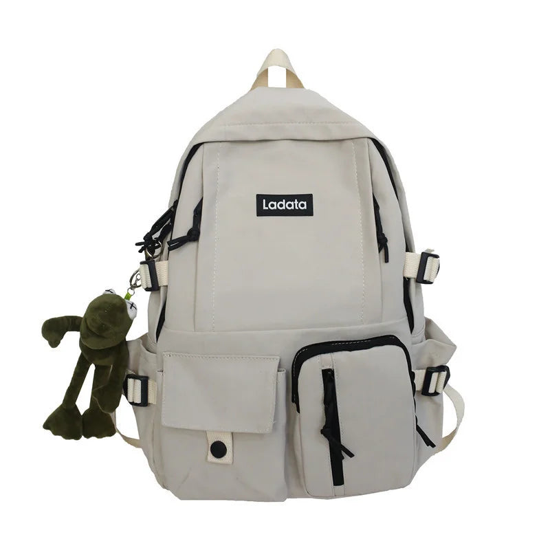 Green Nylon Female Backpack with Plush Pendant