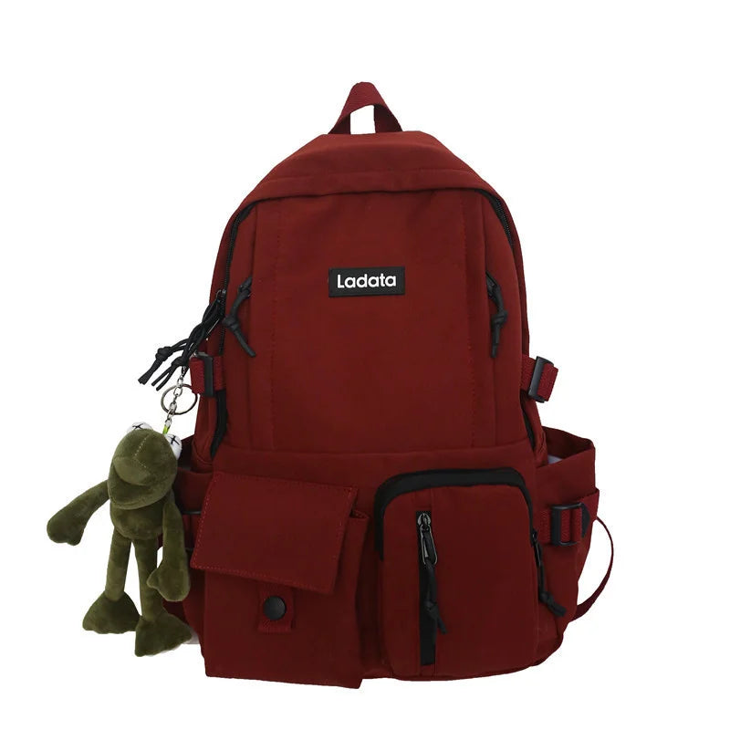 Green Nylon Female Backpack with Plush Pendant