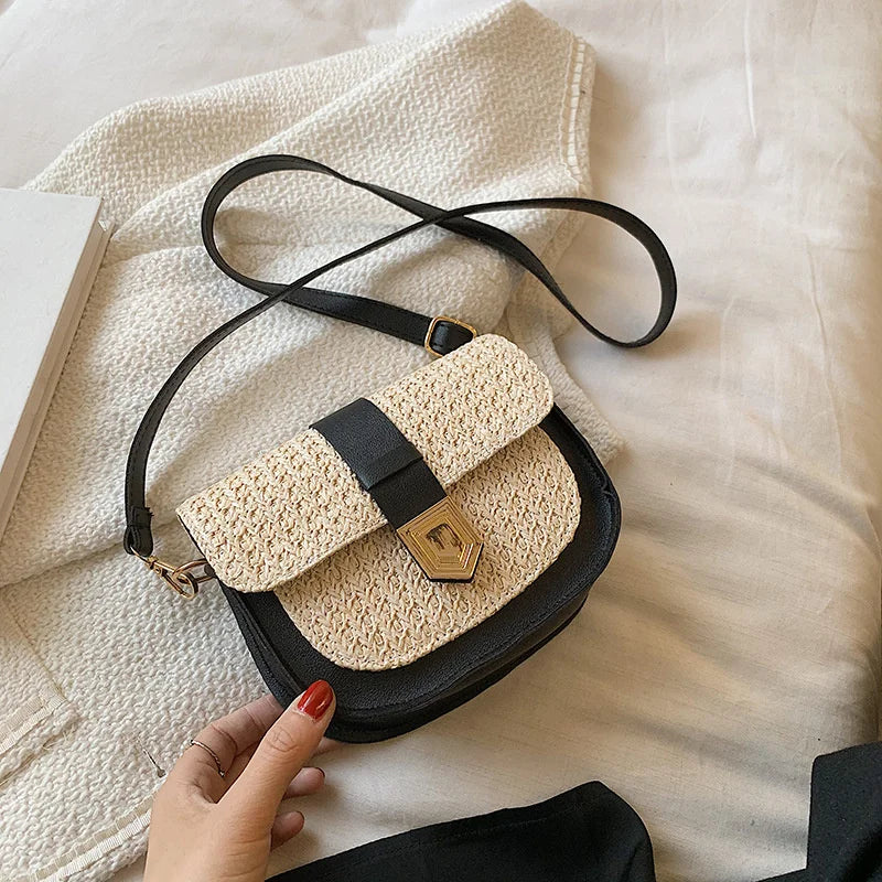 Straw Ladies Shoulder Bag High-Quality Metal Buckle Crossbody Bag Female