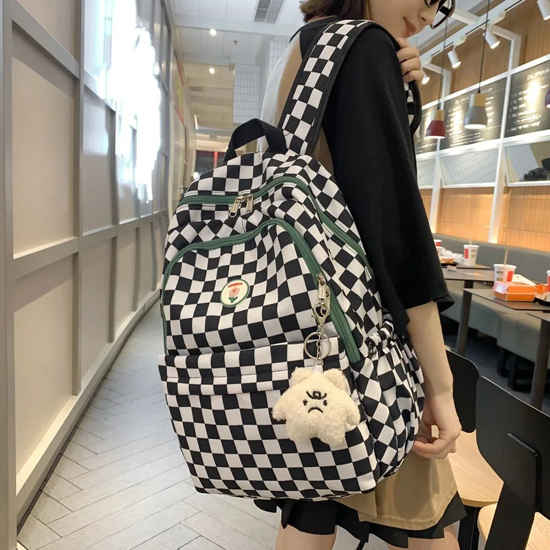 Pink Plaid School Backpacks for Girls with Pendant