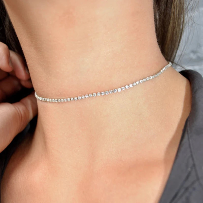 Rhinestone Crystal Choker Necklace Wedding Party Silver Chain Jewelry