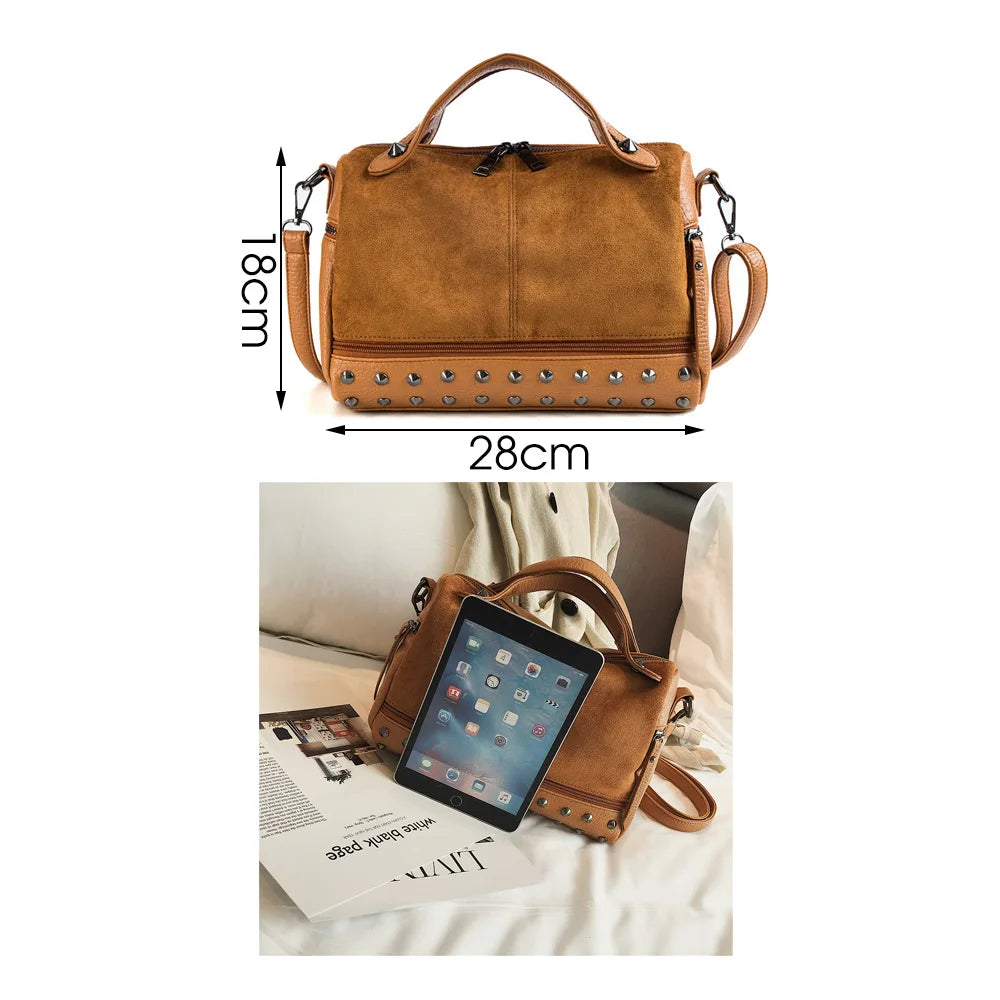 TTOU Women Suede Rivet Handbags Vintage Large Capacity Shopping Bag