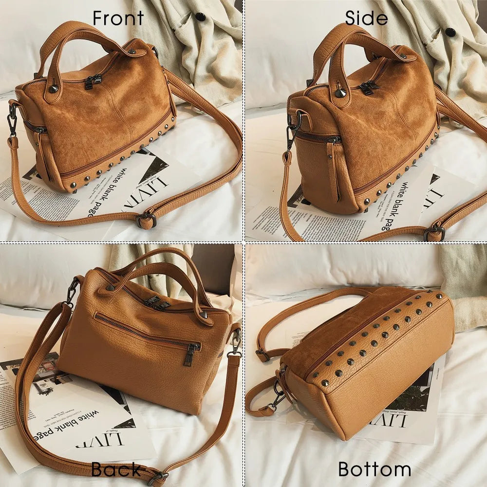TTOU Women Suede Rivet Handbags Vintage Large Capacity Shopping Bag