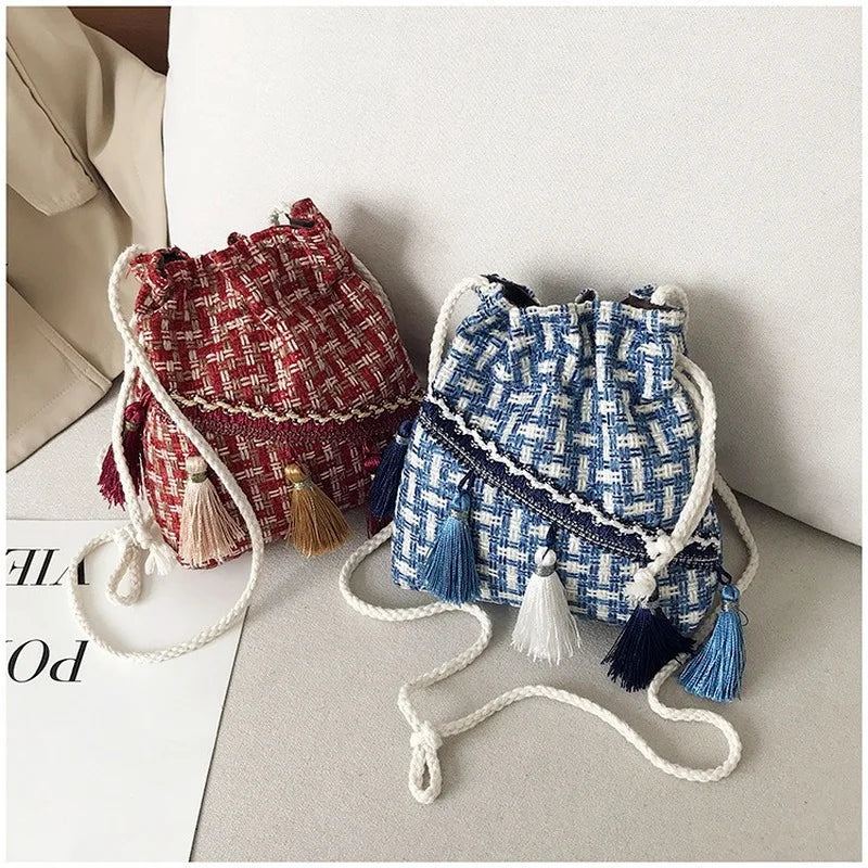 Tassel Cross Body Bucket Bag Small Shoulder Bag for Women