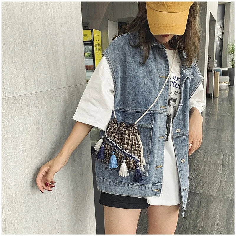 Tassel Cross Body Bucket Bag Small Shoulder Bag for Women