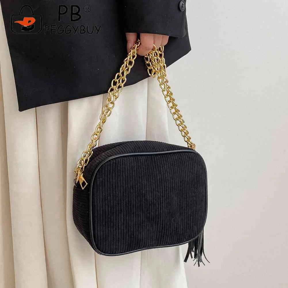 Tassel Crossbody Bag for Women Chain Female Commute Bag Striped Zipper