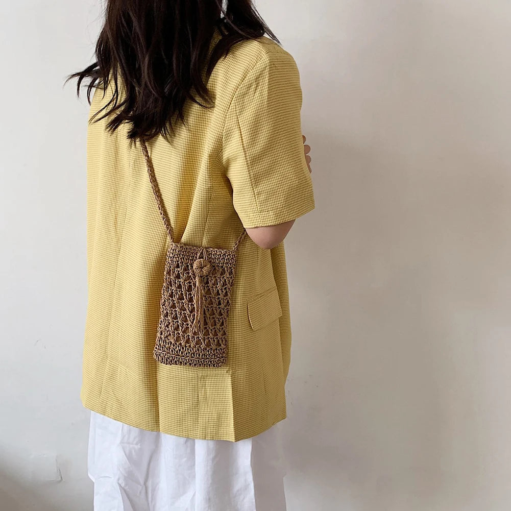 Women's Straw Rope Messenger Bag Tassels Small Crossbody Hand Woven Purse