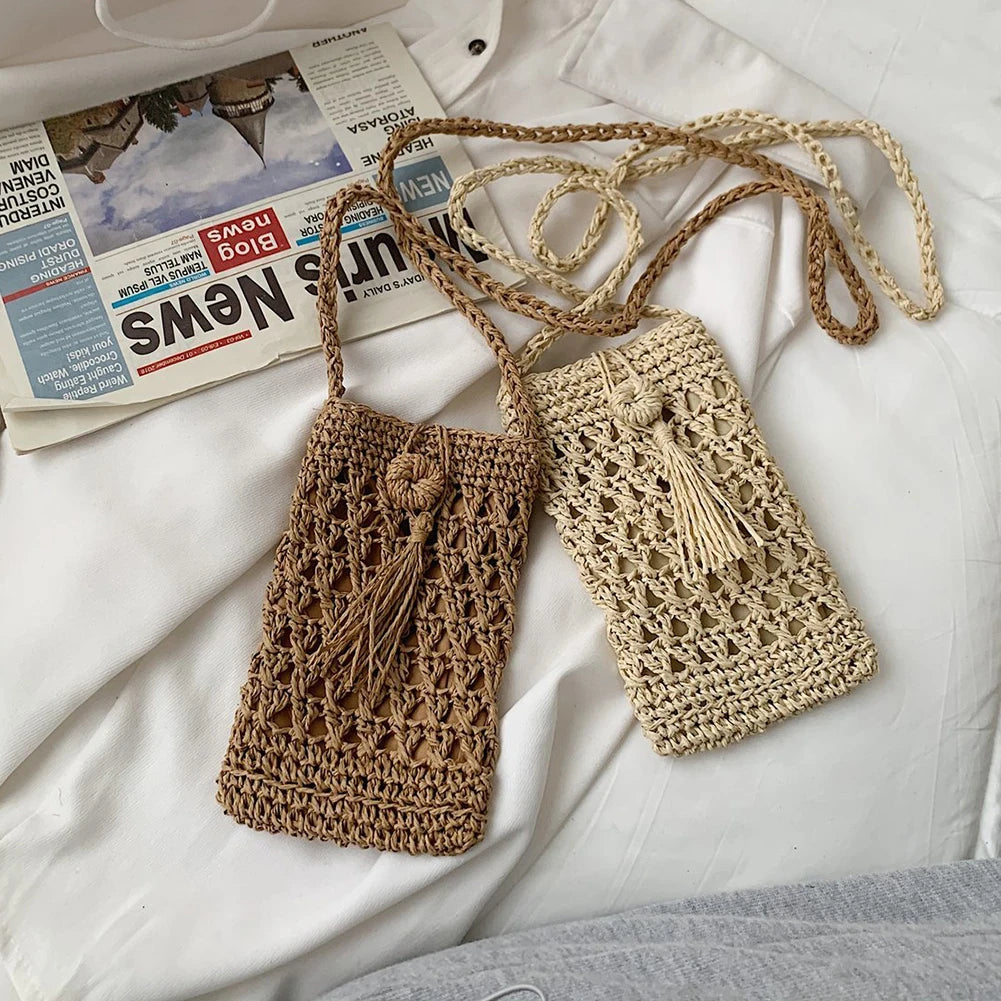 Tassels Straw Rope Messenger Bag for Women Hollow Out Crossbody Phone Purse