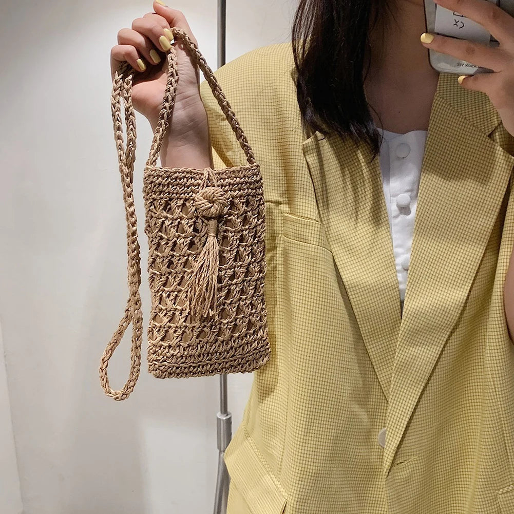 Tassels Straw Rope Messenger Bag for Women Hollow Out Crossbody Phone Purse