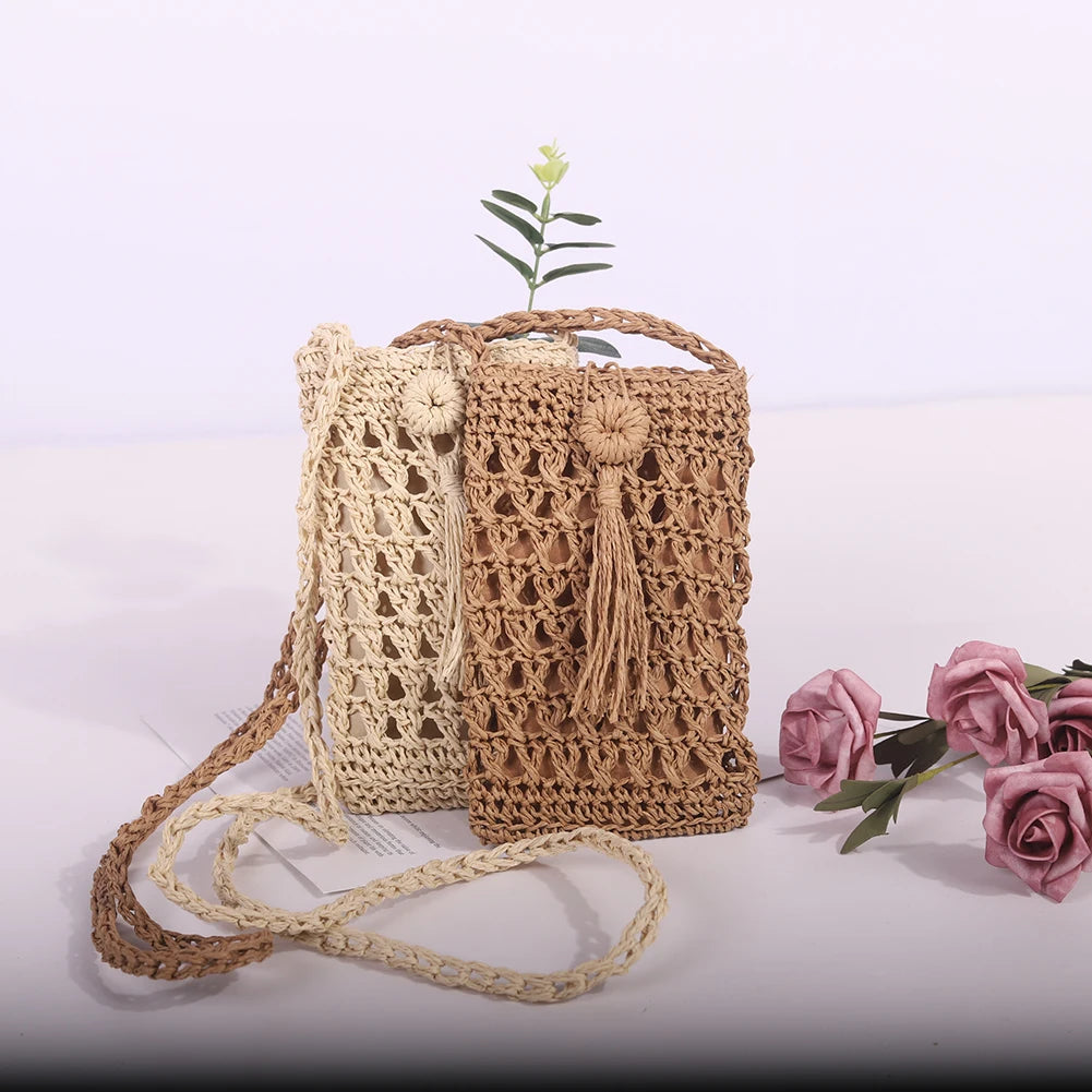 Tassels Straw Rope Women Purse Woven Small Crossbody Mobile Phone Bag