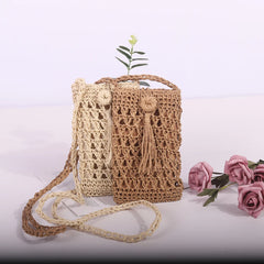 Tassels Straw Rope Women Purse Woven Small Crossbody Mobile Phone Bag