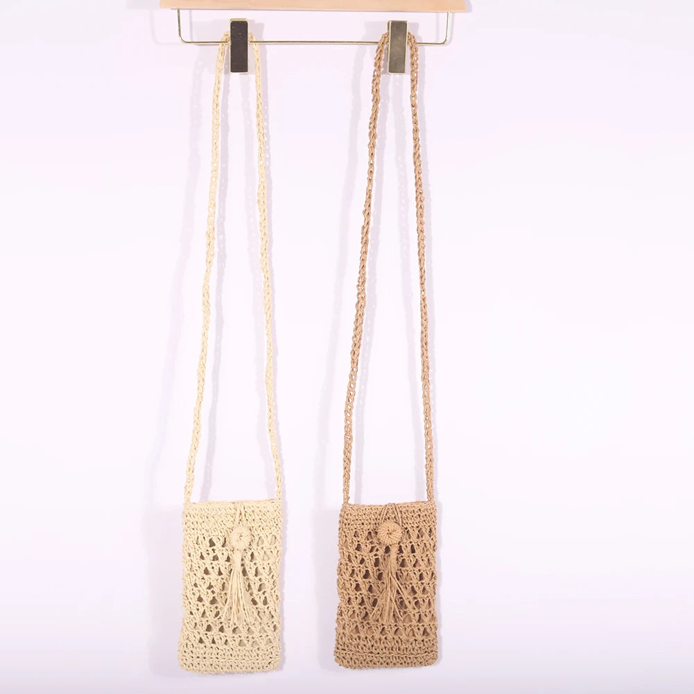 Tassels Straw Rope Women Purse Woven Small Crossbody Mobile Phone Bag