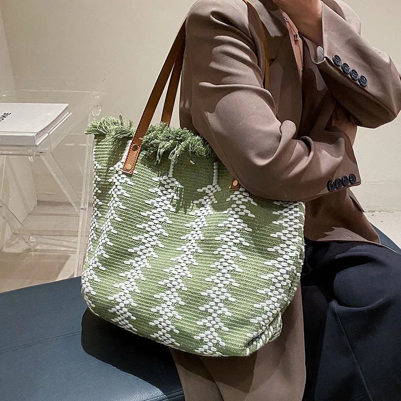 Tassels Shoulder Bags Large Capacity Woven Canvas Bag OL Daily Casual Totes