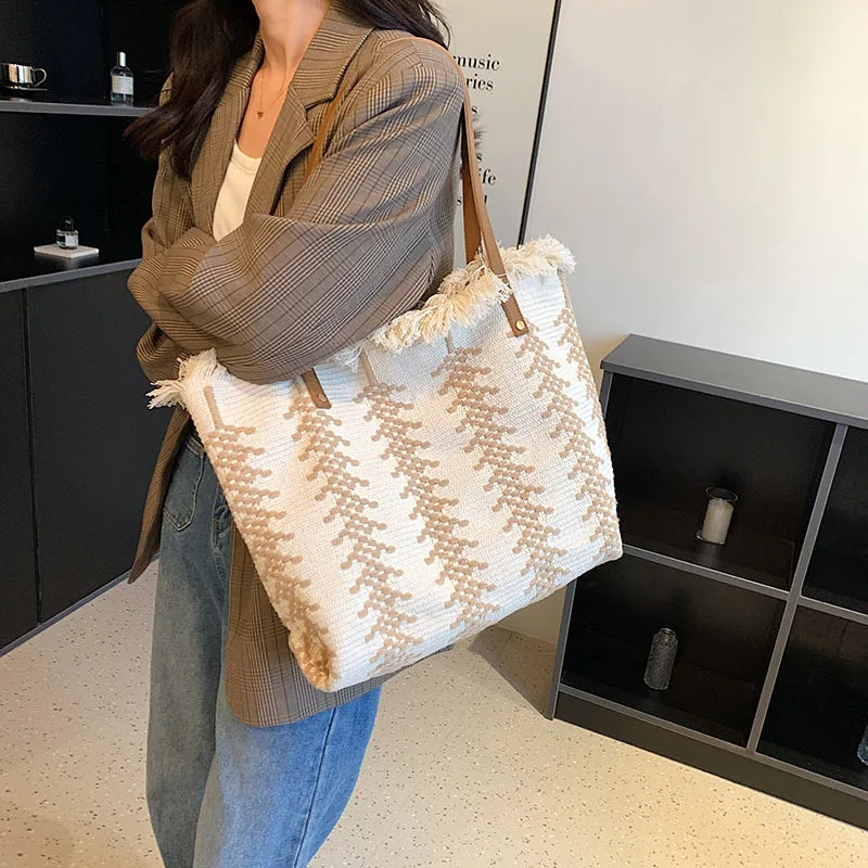 Tassels Shoulder Bags Large Capacity Woven Canvas Bag OL Daily Casual Totes
