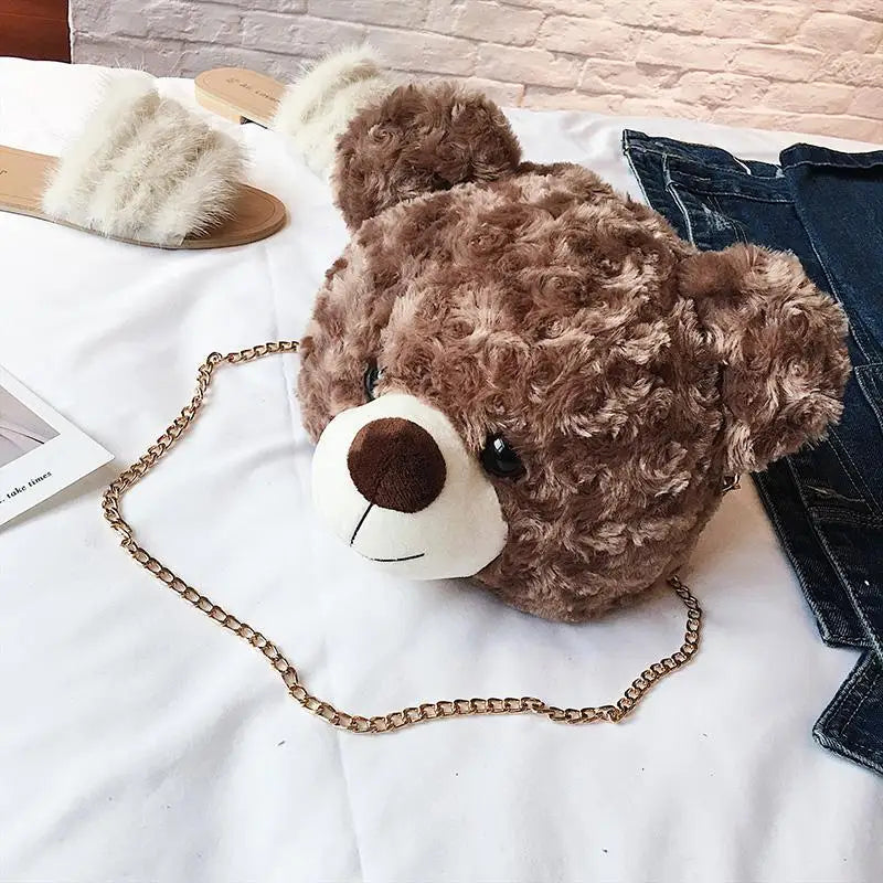 Teddy Bear Head Women Shoulder Bag Winter Faux Fur Female Handbag
