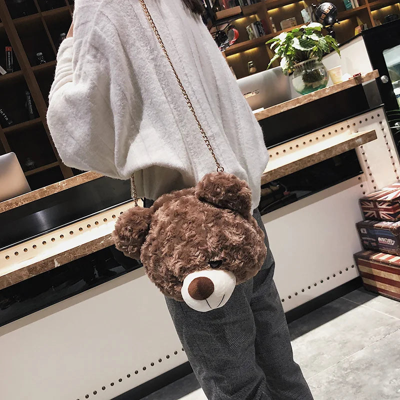Teddy Bear Head Women Shoulder Bag Winter Faux Fur Female Handbag