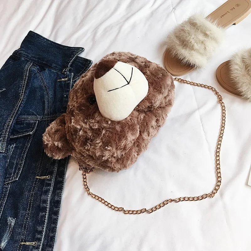 Teddy Bear Head Women Shoulder Bag Winter Faux Fur Female Handbag