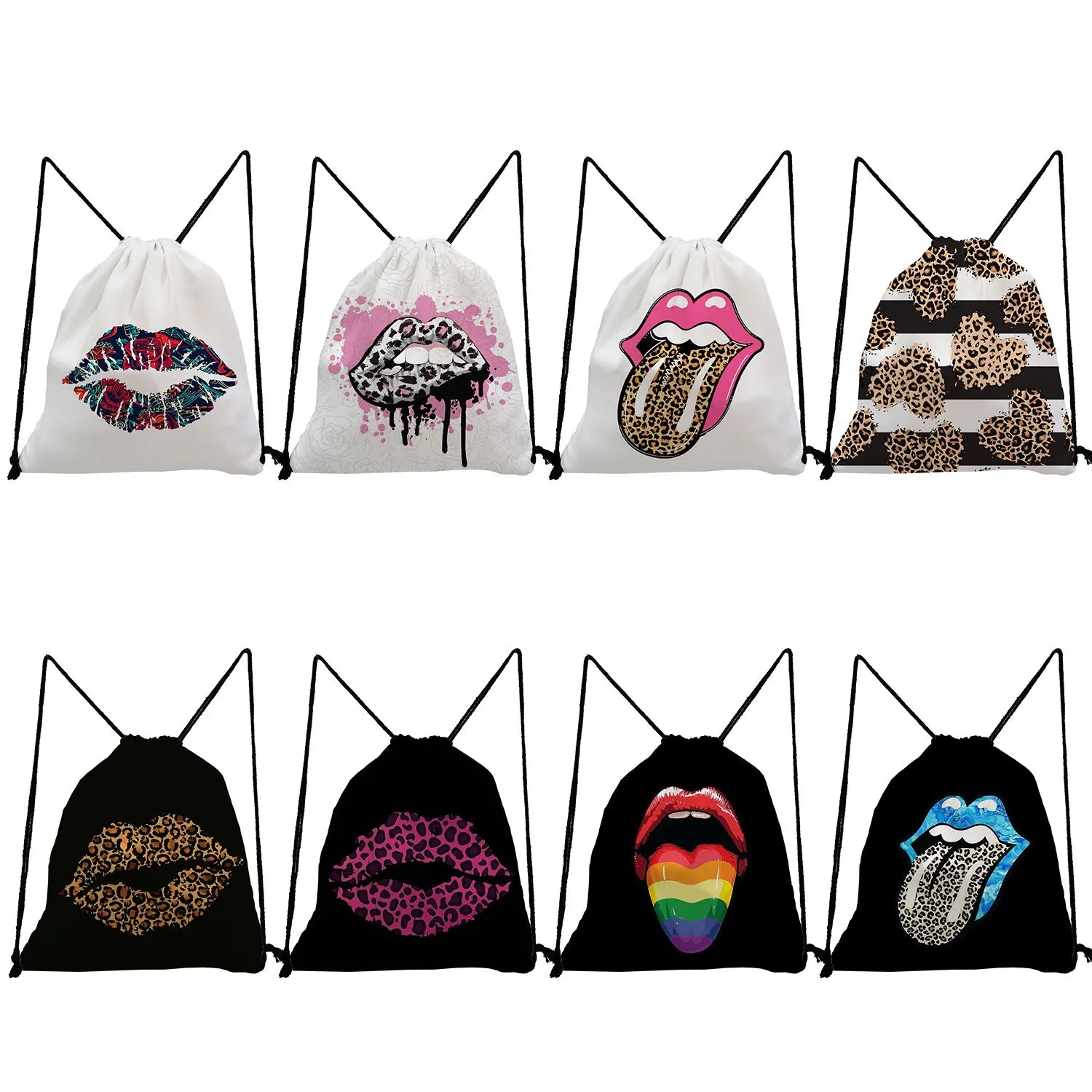 Teenage Leopard Lips Print Drawstring Backpack for Students