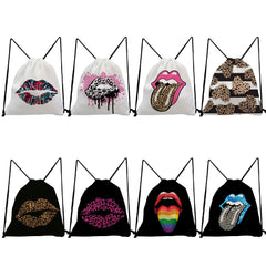 Teenage Leopard Lips Print Drawstring Backpack for Students