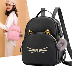 Teenager Girls Casual PU Leather School Bags Women Cartoon Cat Printed