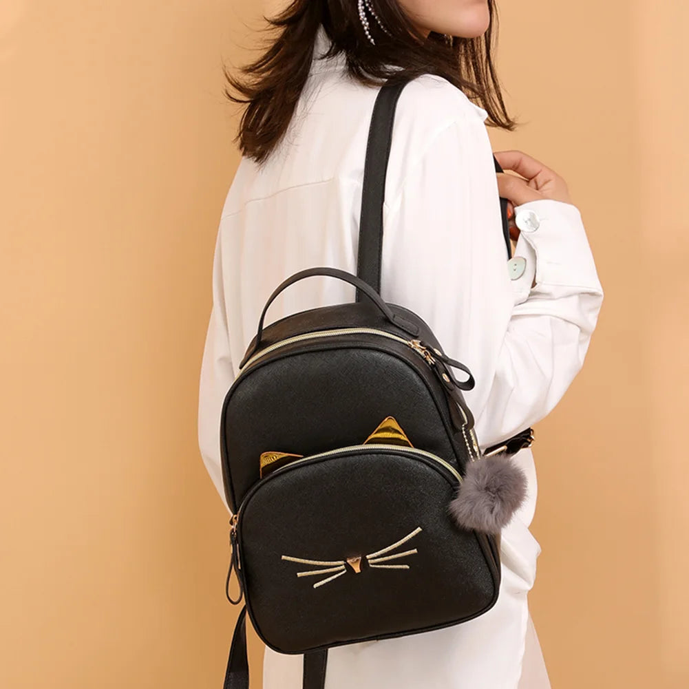Teenagers Backpack PU Leather School Bags Girl Cartoon Cat Square Satchel