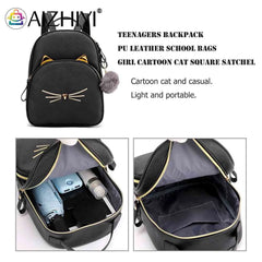 Cat Cartoon School Bag PU Leather Lightweight Handbag for Teens